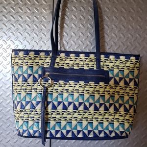 EUC NINE WEST JAYA royal blue / turquoise / cream geometric pattern tote (OS)